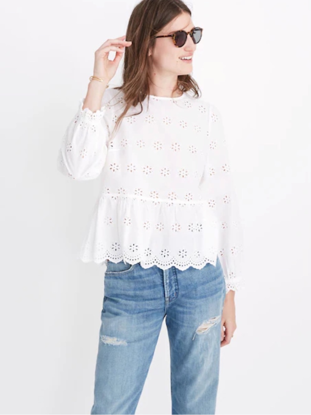Madewell White Eyelet Keyhole Peplum Long Sleeve Top